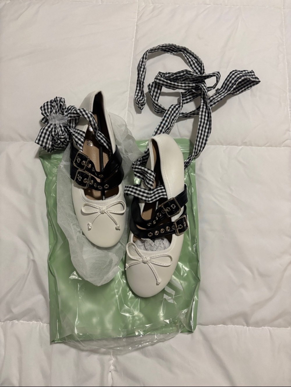 New White and Black Lace-Up Ballet Flats with Gingham Ankle Ties